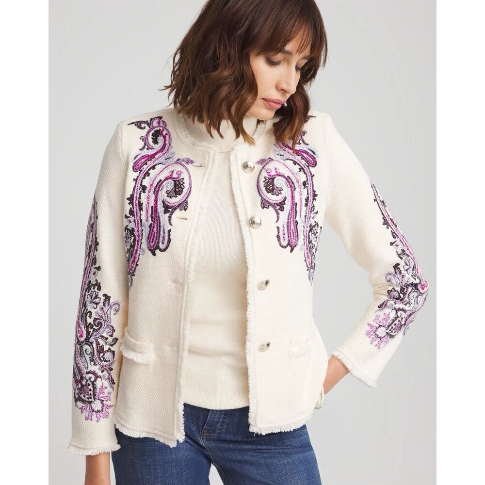 Chico’s Embroidered Paisley Lady Jacket size 1 US M Cream Purple Button Front